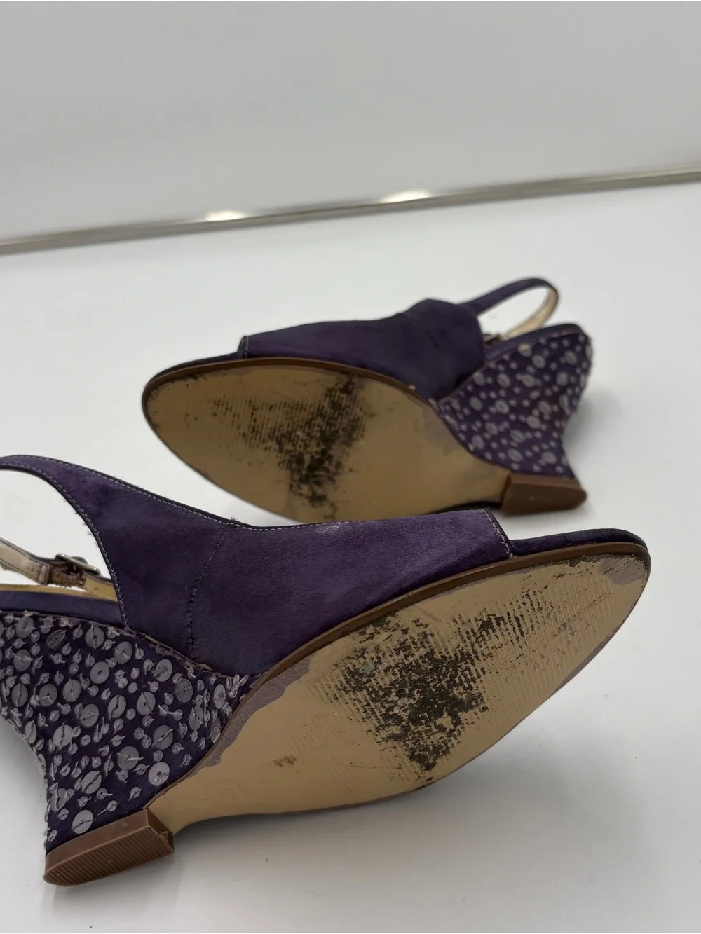 Vintage Fairycore Purple Sequin Wedge Slingback Peep Toe Michaelangelo Size 7.5